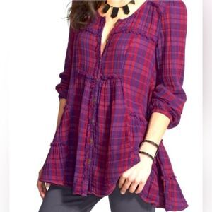 Free People Whistle while you work plaid button down flannel top
